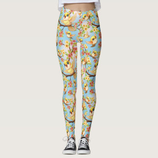 Cute and Happy Birds among Spring Flowers Leggings