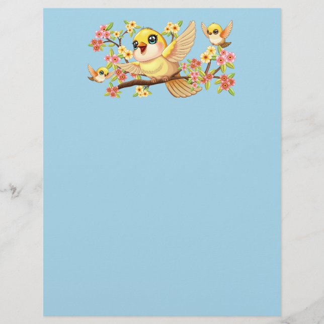 Cute and Happy Birds among Spring Flowers Letterhead (Front)