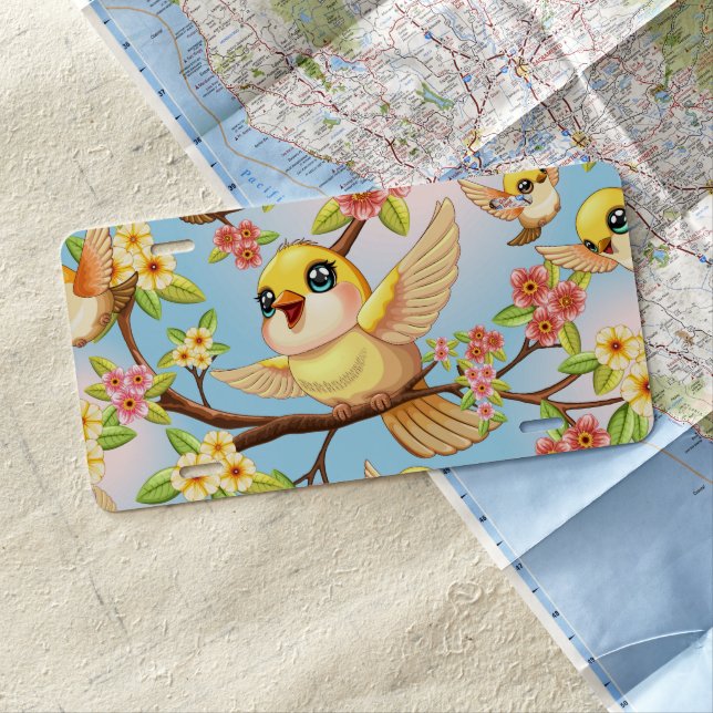Cute and Happy Birds among Spring Flowers License Plate (In Situ)