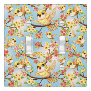 Cute and Happy Birds among Spring Flowers Light Switch Cover