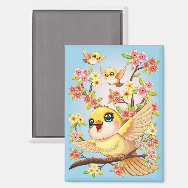Cute and Happy Birds among Spring Flowers Magnet (Front/Back)