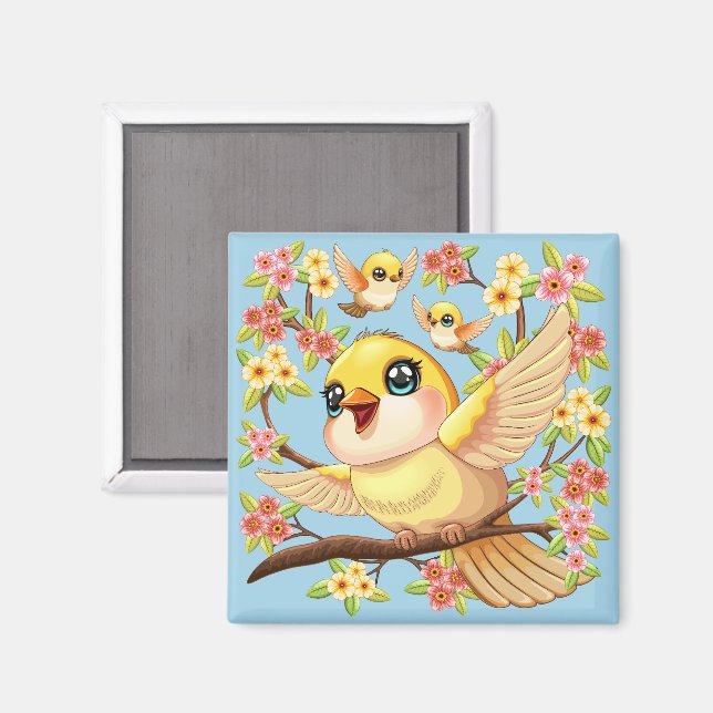 Cute and Happy Birds among Spring Flowers Magnet (Front/Back)