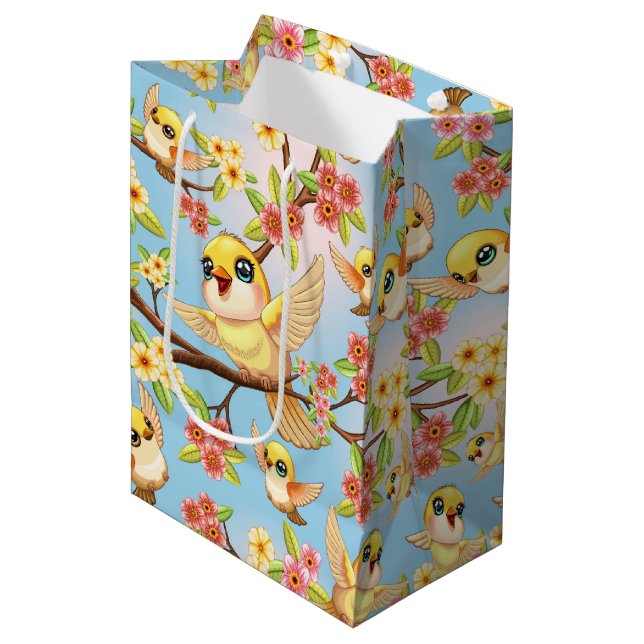 Cute and Happy Birds among Spring Flowers Medium Gift Bag (Front Angled)