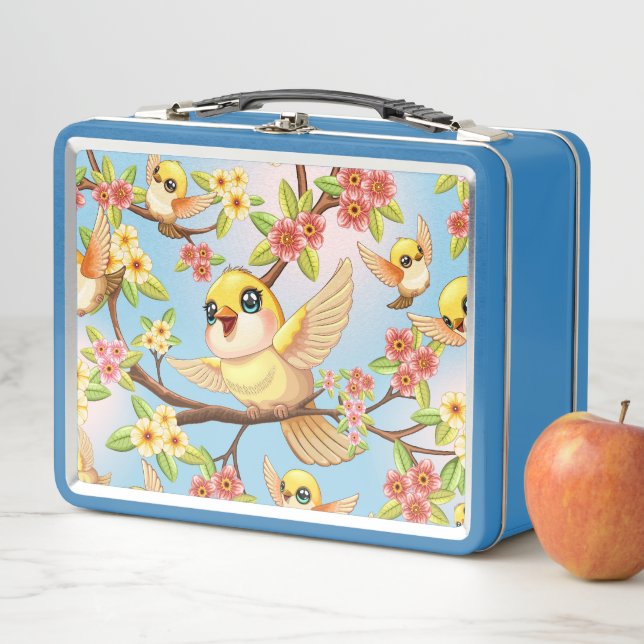 Cute and Happy Birds among Spring Flowers Metal Lunch Box (In Situ)