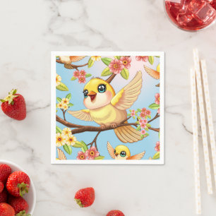 Cute and Happy Birds among Spring Flowers Napkins