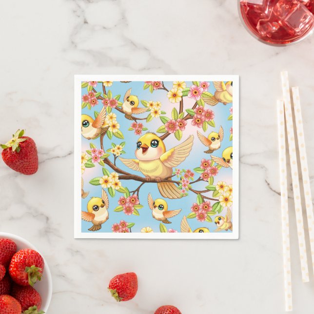 Cute and Happy Birds among Spring Flowers Napkins (Insitu)