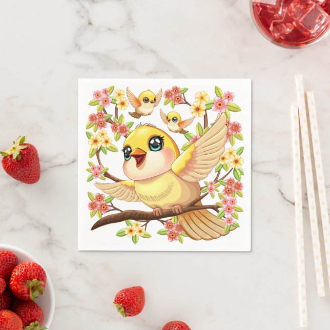 Cute and Happy Birds among Spring Flowers Napkins (Insitu)
