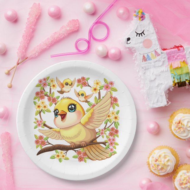 Cute and Happy Birds among Spring Flowers Paper Plates (Party)