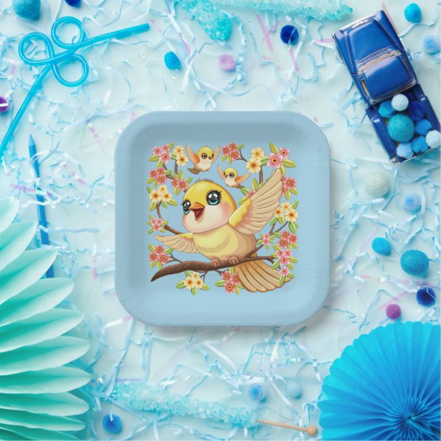 Cute and Happy Birds among Spring Flowers Paper Plates (Party)