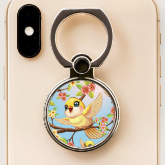 Cute and Happy Birds among Spring Flowers Phone Ring Stand