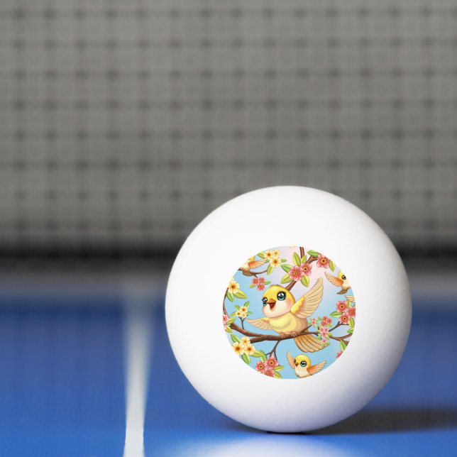 Cute and Happy Birds among Spring Flowers Ping Pong Ball (Net)