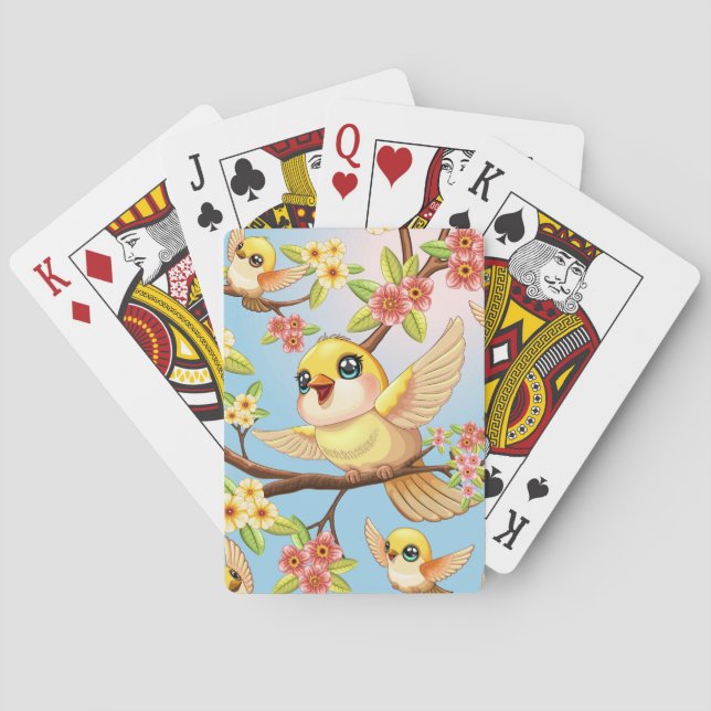 Cute and Happy Birds among Spring Flowers Poker Cards (Back)