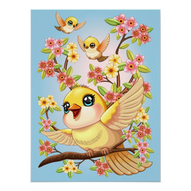 Cute and Happy Birds among Spring Flowers Poster (Front)