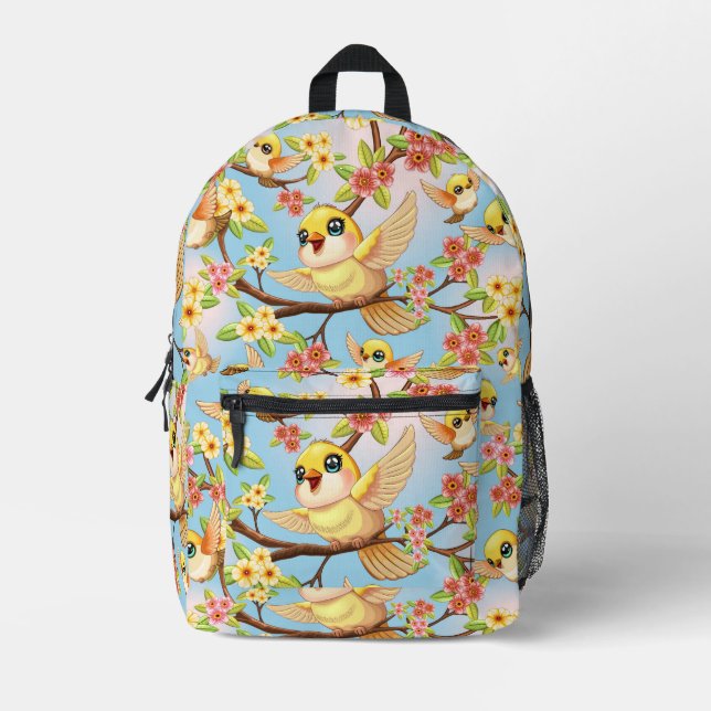 Cute and Happy Birds among Spring Flowers Printed Backpack (Front)