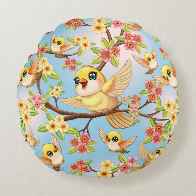 Cute and Happy Birds among Spring Flowers Round Pillow (Front)