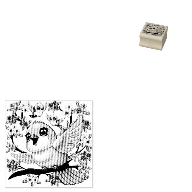 Cute and Happy Birds among Spring Flowers Rubber Stamp (Stamped)