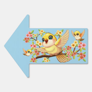Cute and Happy Birds among Spring Flowers Sign