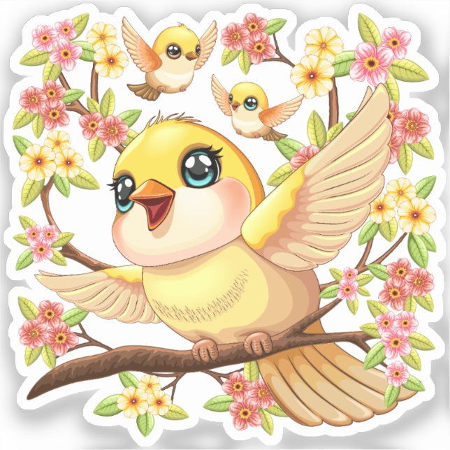Cute and Happy Birds among Spring Flowers Sticker (Front)