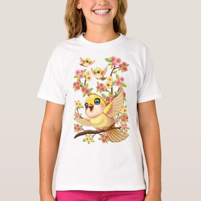Cute and Happy Birds among Spring Flowers T-Shirt (Front)
