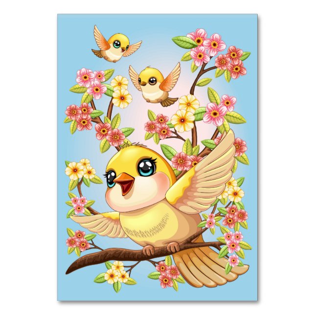 Cute and Happy Birds among Spring Flowers Table Number (Front)