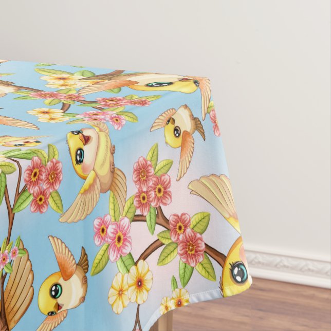 Cute and Happy Birds among Spring Flowers Tablecloth (In Situ)