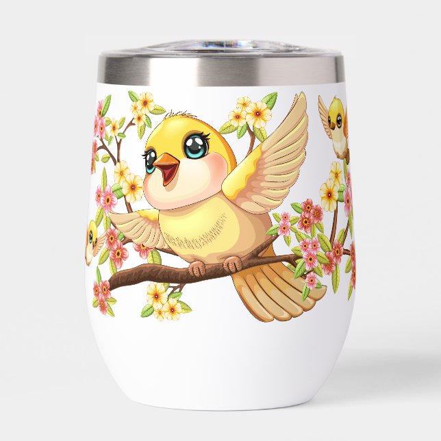 Cute and Happy Birds among Spring Flowers Thermal Wine Tumbler (Front)