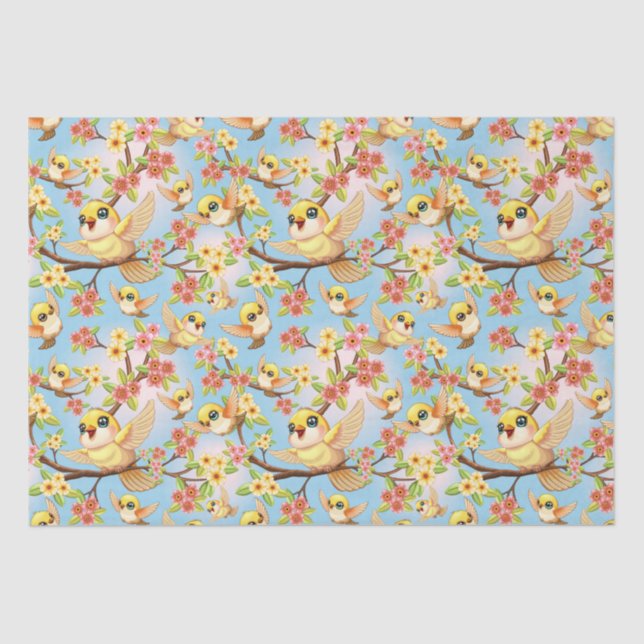 Cute and Happy Birds among Spring Flowers Tissue Paper (Front)