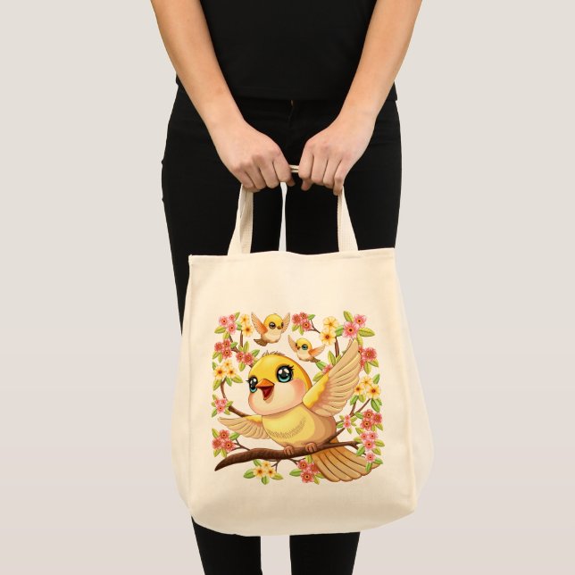 Cute and Happy Birds among Spring Flowers Tote Bag (Front (Product))