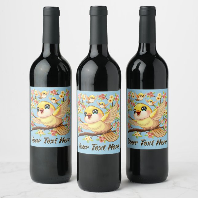 Cute and Happy Birds among Spring Flowers Wine Label (Bottles)