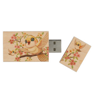Cute and Happy Birds among Spring Flowers Wood Flash Drive