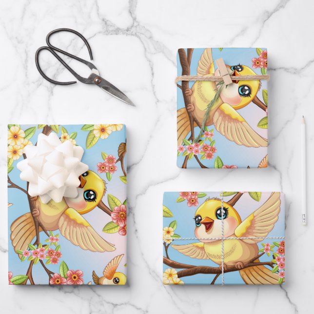Cute and Happy Birds among Spring Flowers Wrapping Paper Sheets (Front)