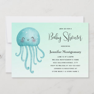 Cute and Happy Blue-Green Jellyfish Baby Shower Invitation