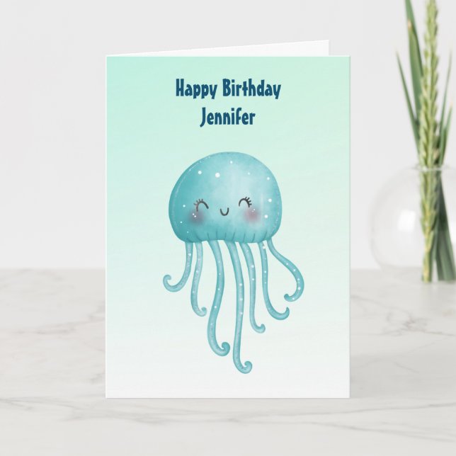 Cute and Happy Blue-Green Jellyfish Birthday Card (Front)