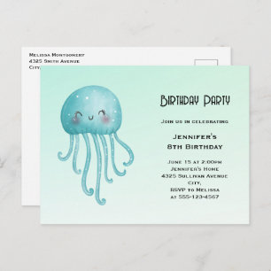 Cute and Happy Blue-Green Jellyfish Birthday Invitation Postcard