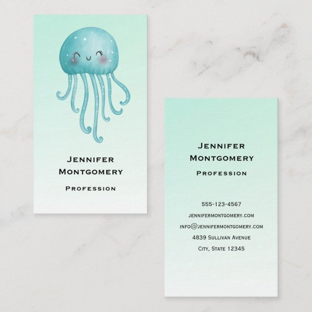 Cute and Happy Blue-Green Jellyfish Business Card (Front/Back)