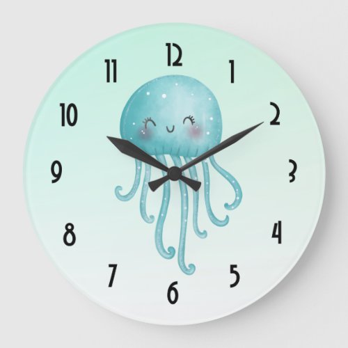 Cute and Happy Blue_Green Jellyfish Large Clock