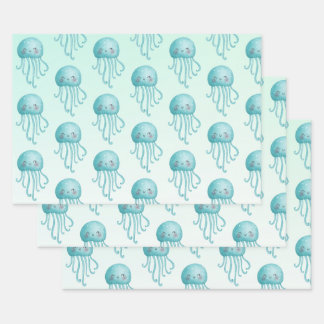 Cute and Happy Blue-Green Jellyfish Pattern Wrapping Paper Sheets
