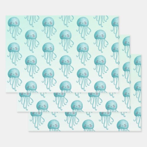 Cute and Happy Blue_Green Jellyfish Pattern Wrapping Paper Sheets