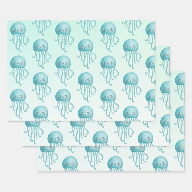 Cute and Happy Blue-Green Jellyfish Pattern Wrapping Paper Sheets (Set)