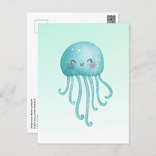 Cute and Happy Blue_Green Jellyfish Postcard