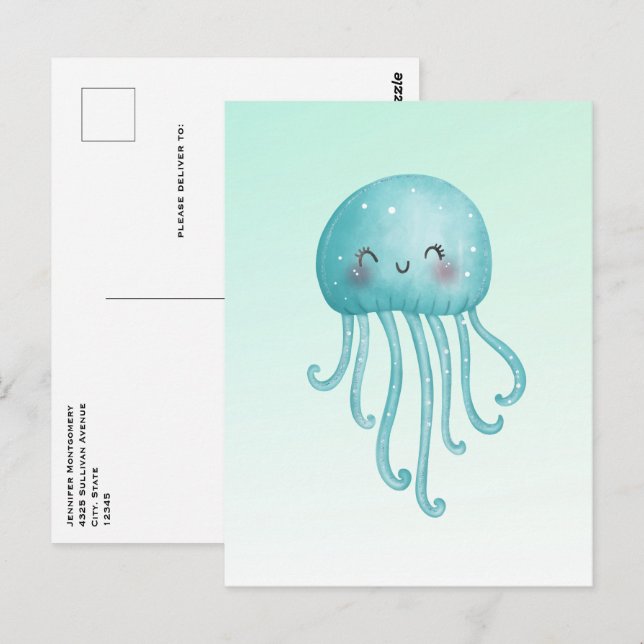 Cute and Happy Blue-Green Jellyfish Postcard (Front/Back)