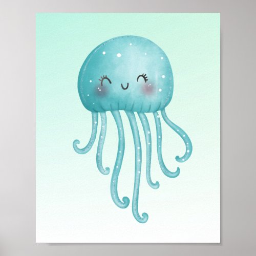 Cute and Happy Blue_Green Jellyfish Poster