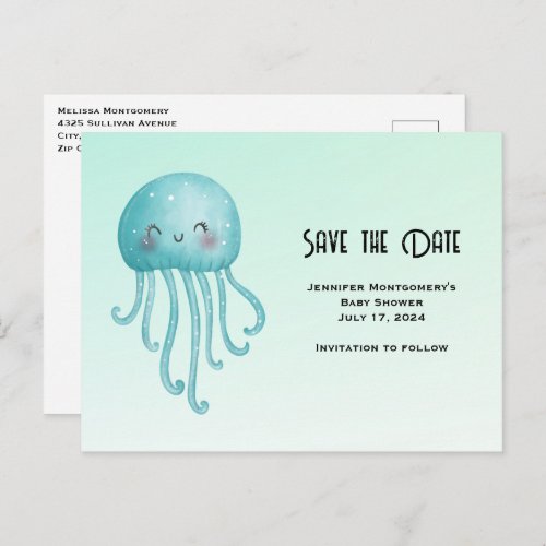 Cute and Happy Blue_Green Jellyfish Save the Date Invitation Postcard