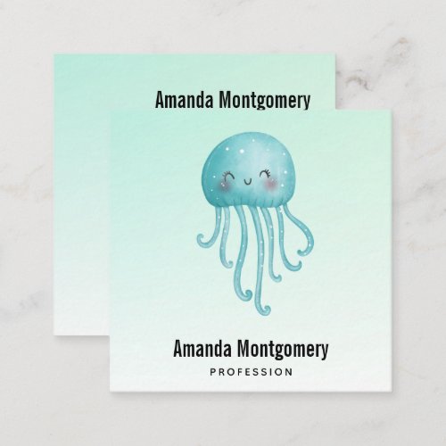 Cute and Happy Blue_Green Jellyfish Square Business Card