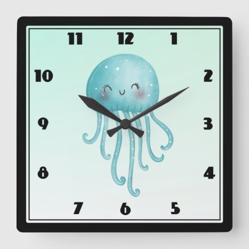 Cute and Happy Blue_Green Jellyfish Square Wall Clock