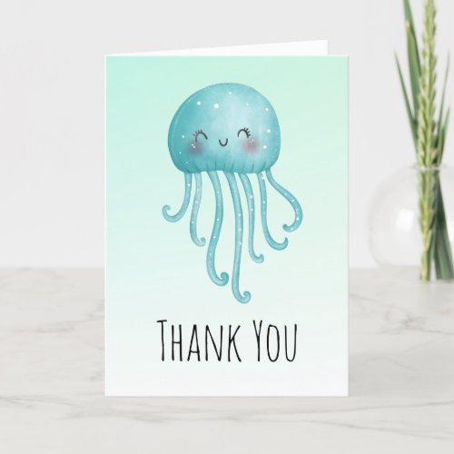 Cute and Happy Blue_Green Jellyfish Thank You Card