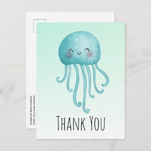 Cute and Happy Blue_Green Jellyfish Thank You Postcard