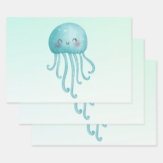 Cute and Happy Blue-Green Jellyfish Wrapping Paper Sheets (Set)