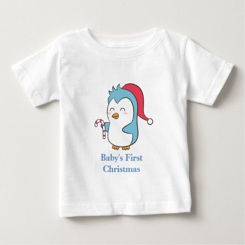 Cute and Happy Christmas Penguin with Candy Cane Baby T_Shirt