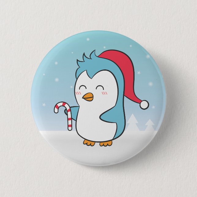 Cute and Happy Christmas Penguin with Candy Cane Button (Front)
